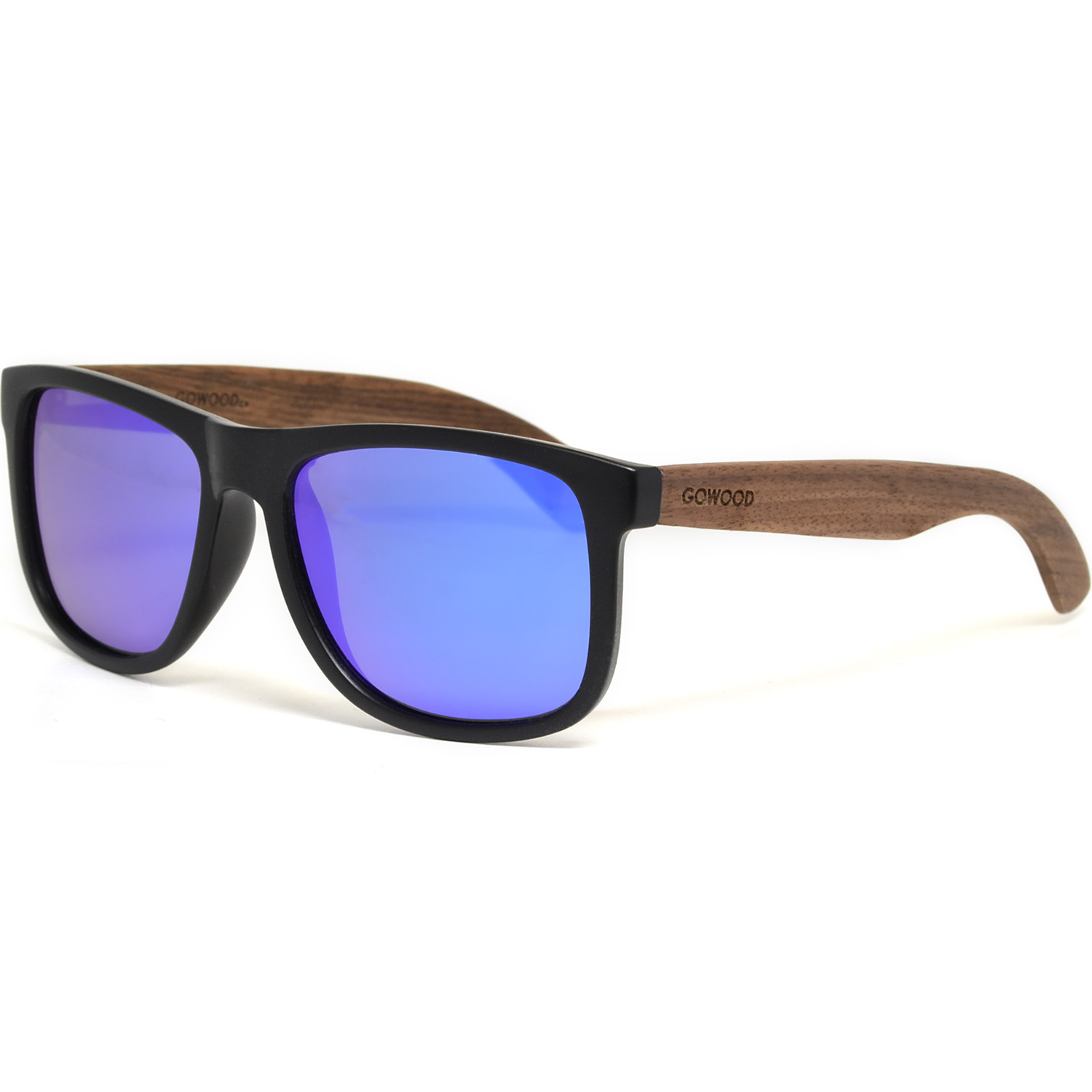 Square walnut wood sunglasses blue mirrored polarized lenses acetate left