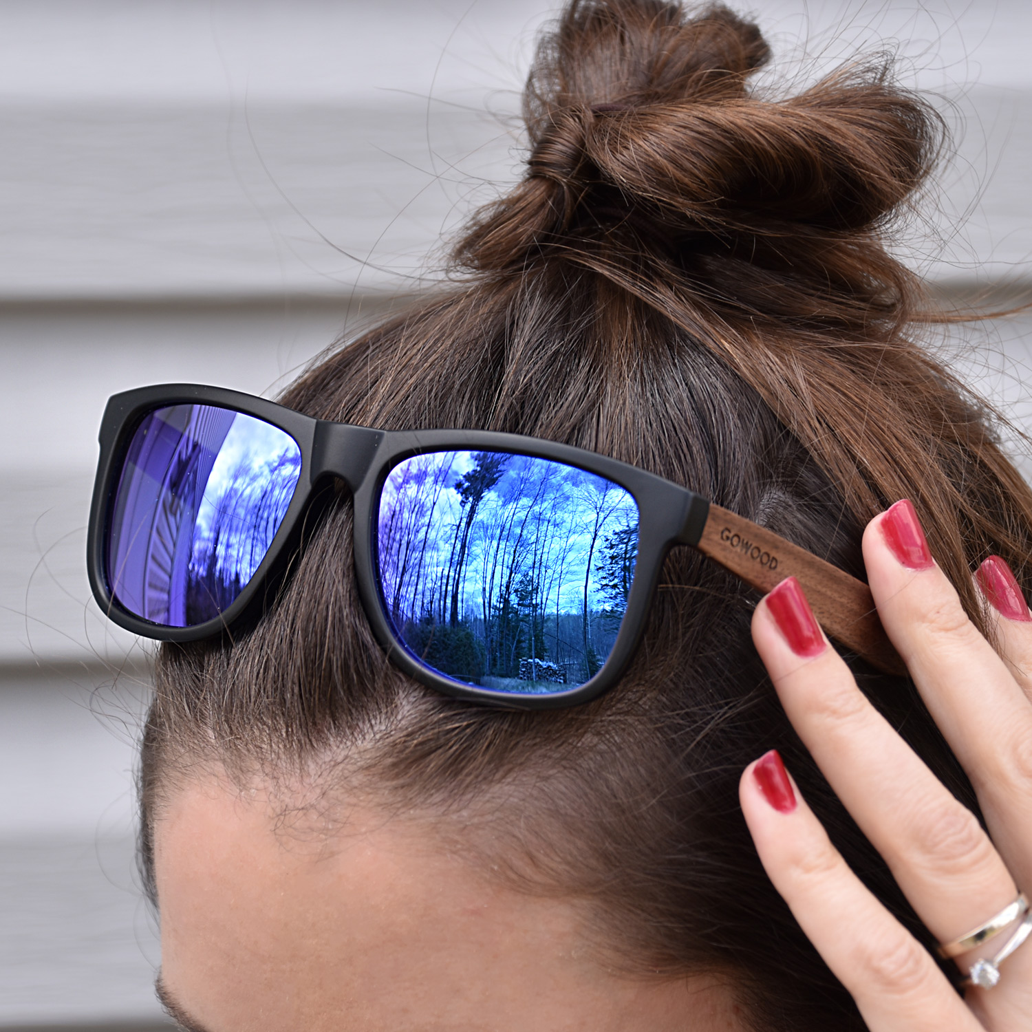 Square walnut wood sunglasses blue mirrored polarized lenses