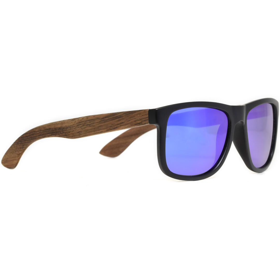 Square walnut wood sunglasses blue mirrored polarized lenses acetate right