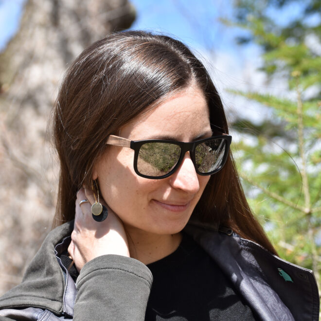 Square walnut wood sunglasses silver mirrored polarized lenses on women