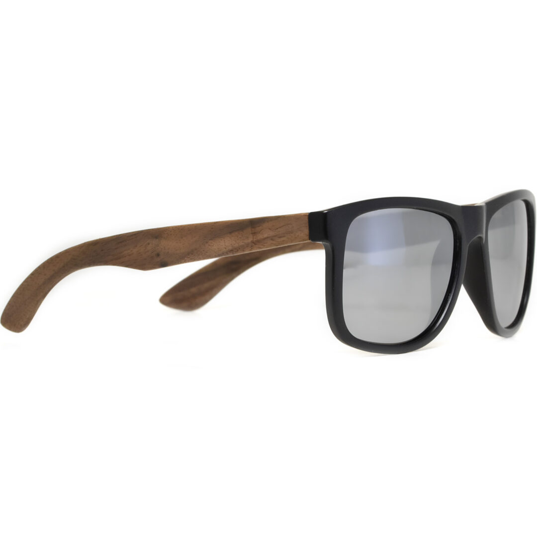 Square walnut wood sunglasses silver mirrored polarized lenses right