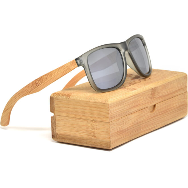 Square bamboo wood sunglasses silver mirrored polarized lenses bamboo box