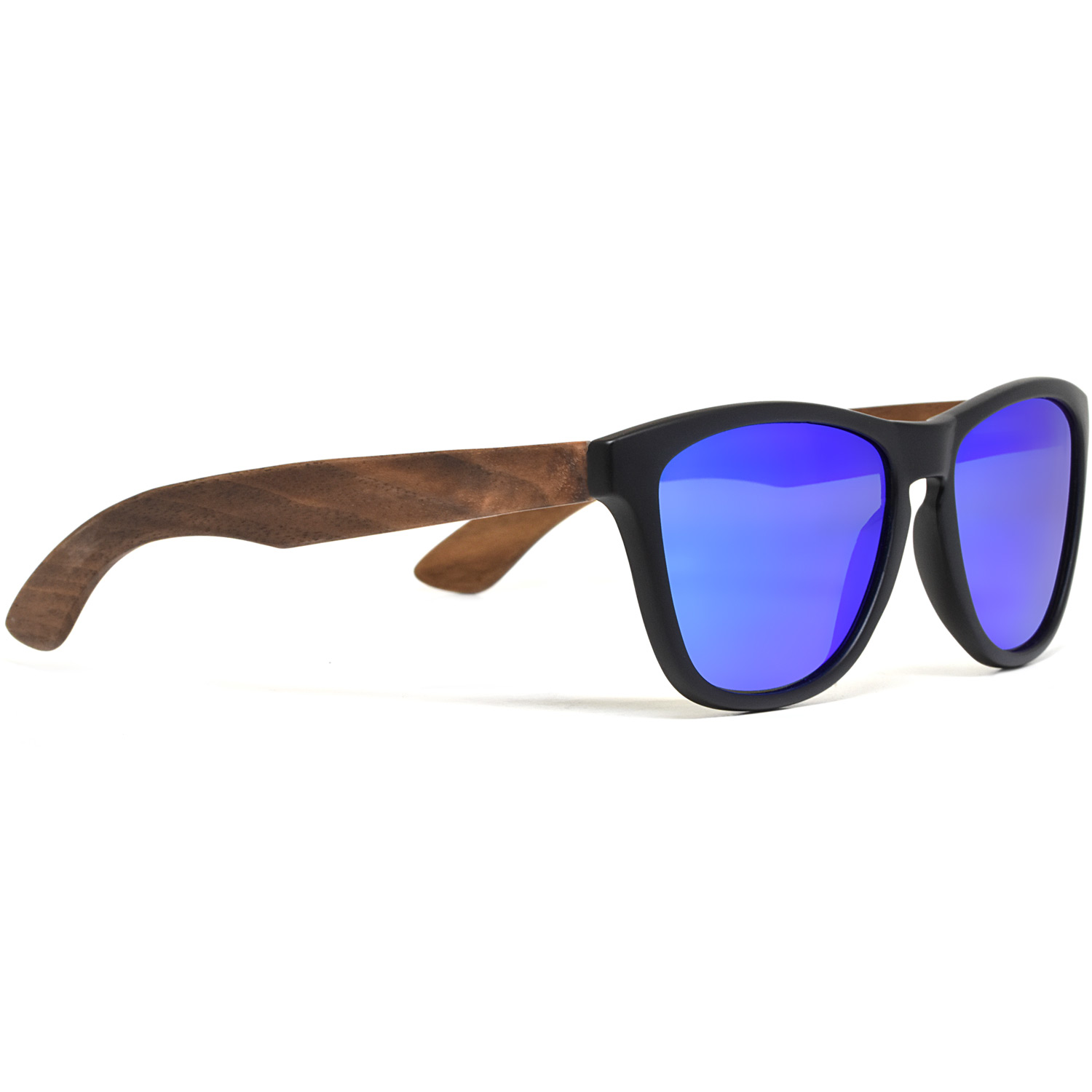 Classic walnut wood sunglasses blue mirrored polarized lenses