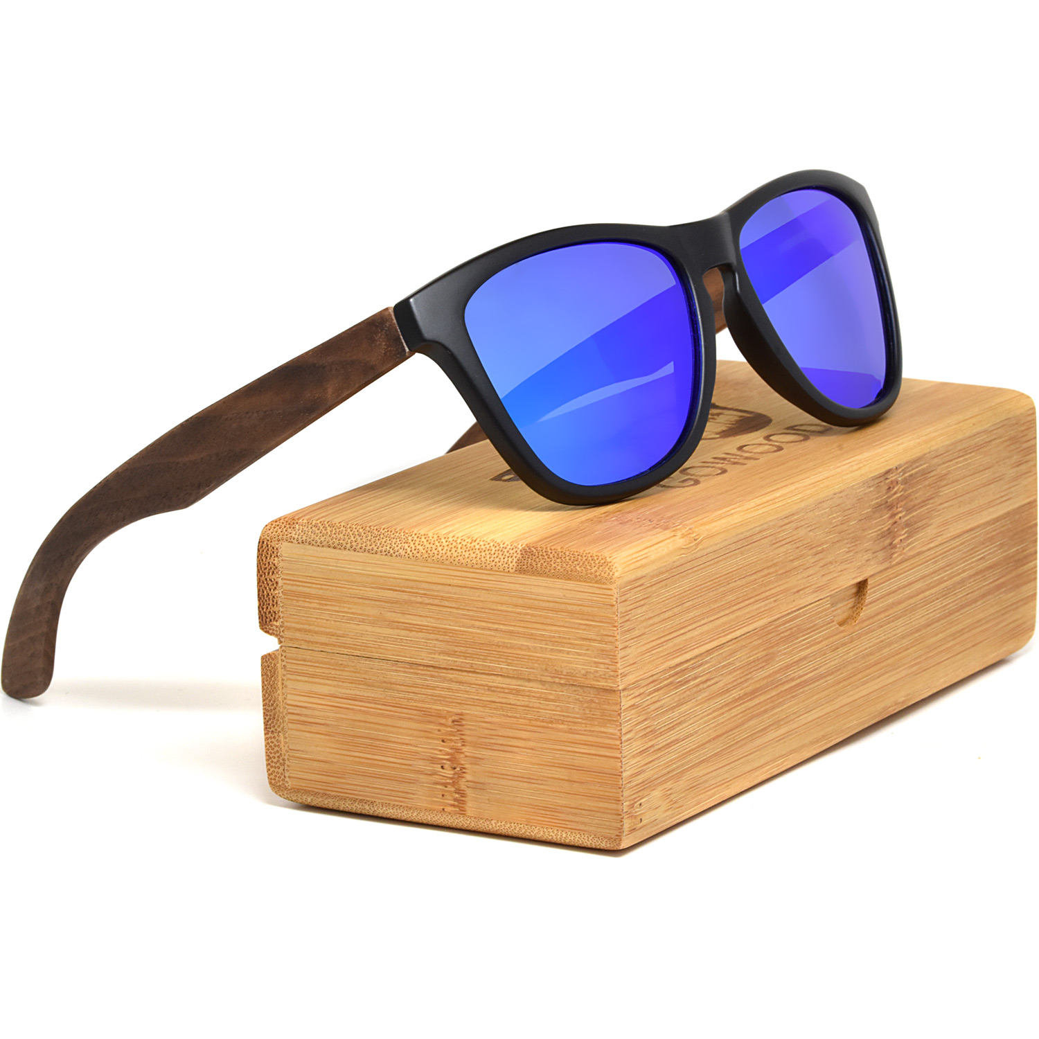 Classic walnut wood sunglasses blue mirrored polarized lenses