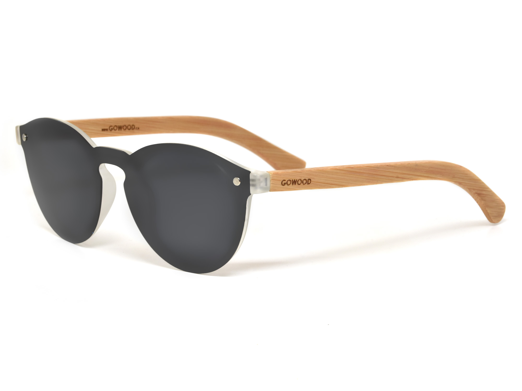 Round bamboo wood sunglasses with dark grey polarized lens