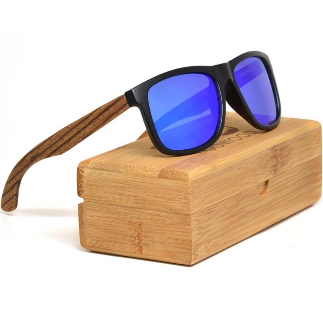 Square zebra wood sunglasses blue mirrored polarized lenses bamboo box