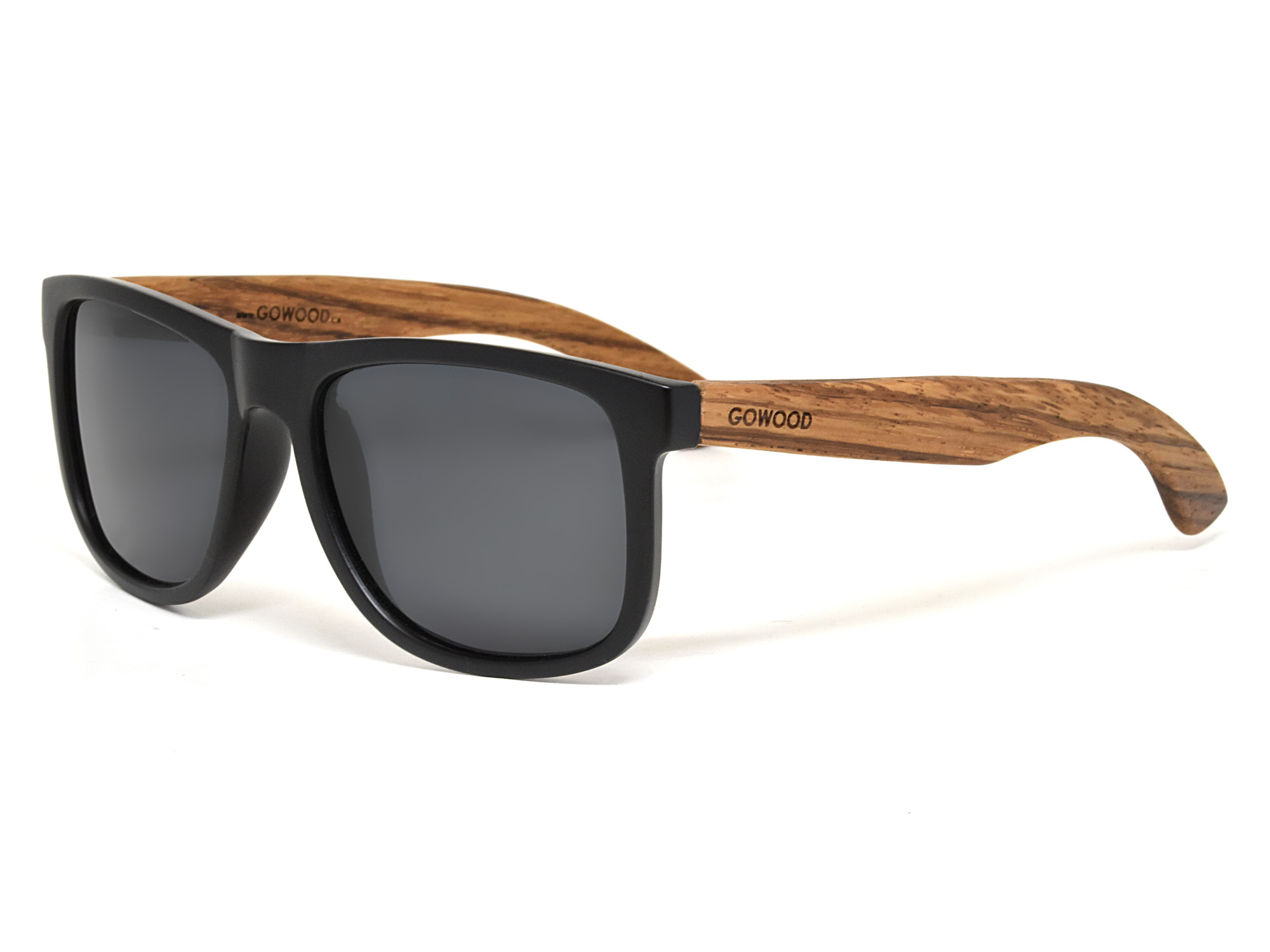 Square zebra wood sunglasses with black polarized lenses