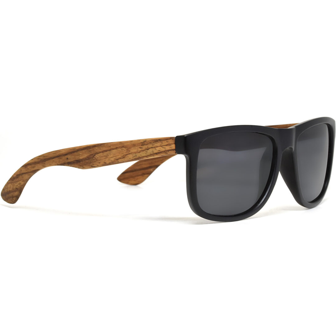 Square zebra wood sunglasses black polarized lenses right
