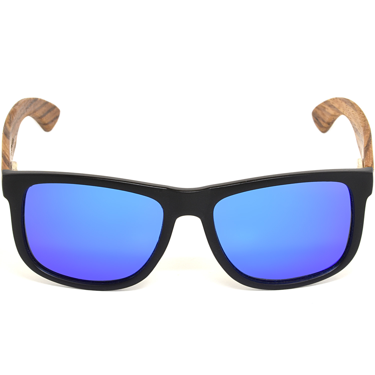 Square zebra wood sunglasses blue mirrored polarized lenses acetate front