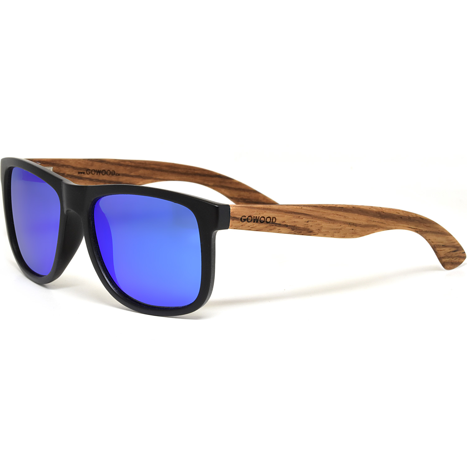 Square zebra wood sunglasses blue mirrored polarized lenses left