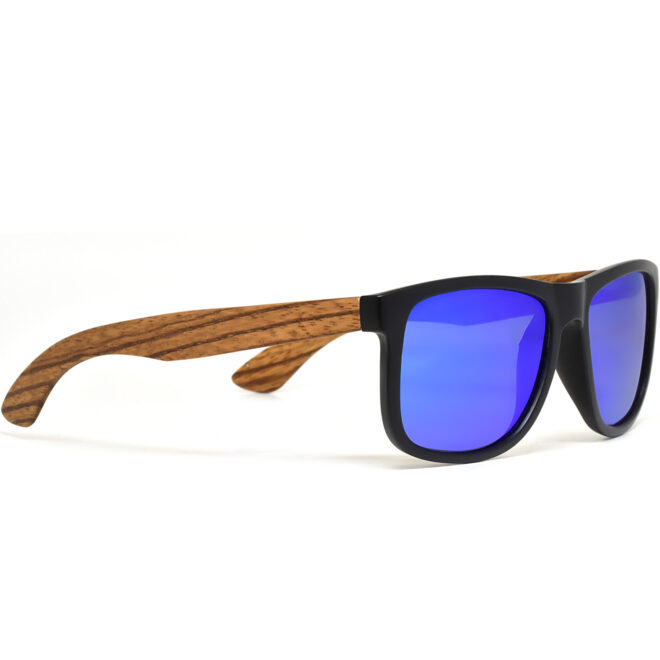 Square zebra wood sunglasses blue mirrored polarized lenses right