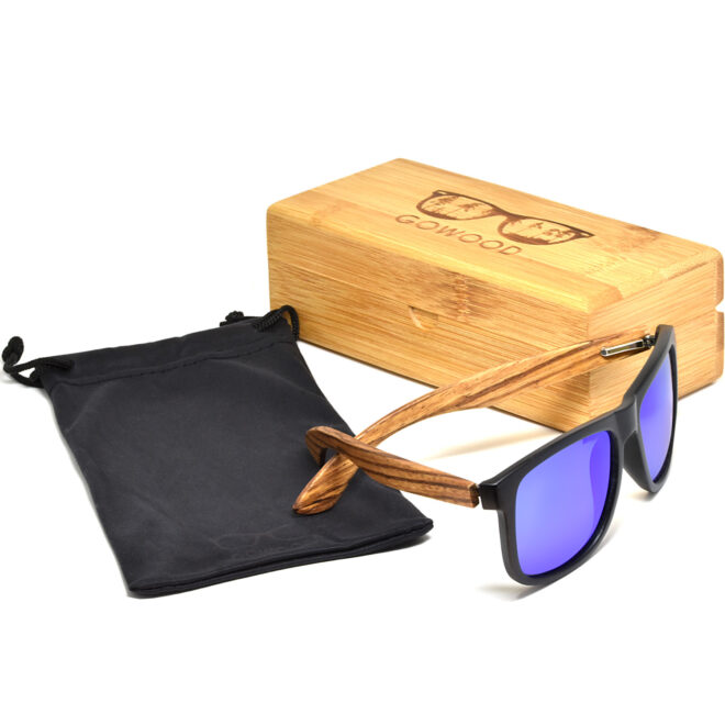 Square zebra wood sunglasses blue mirrored polarized lenses set