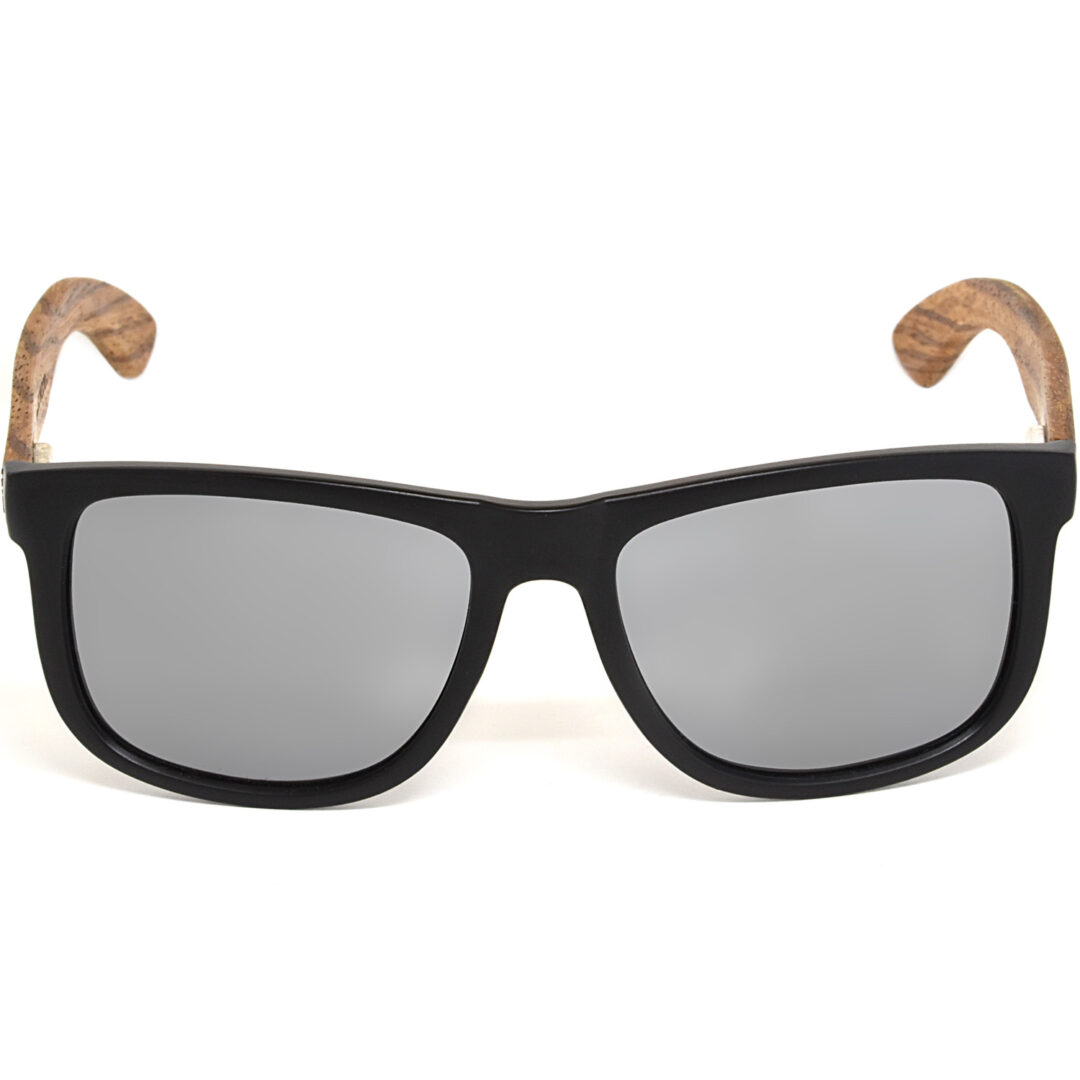 Square zebra wood sunglasses silver mirrored polarized lenses acetate front