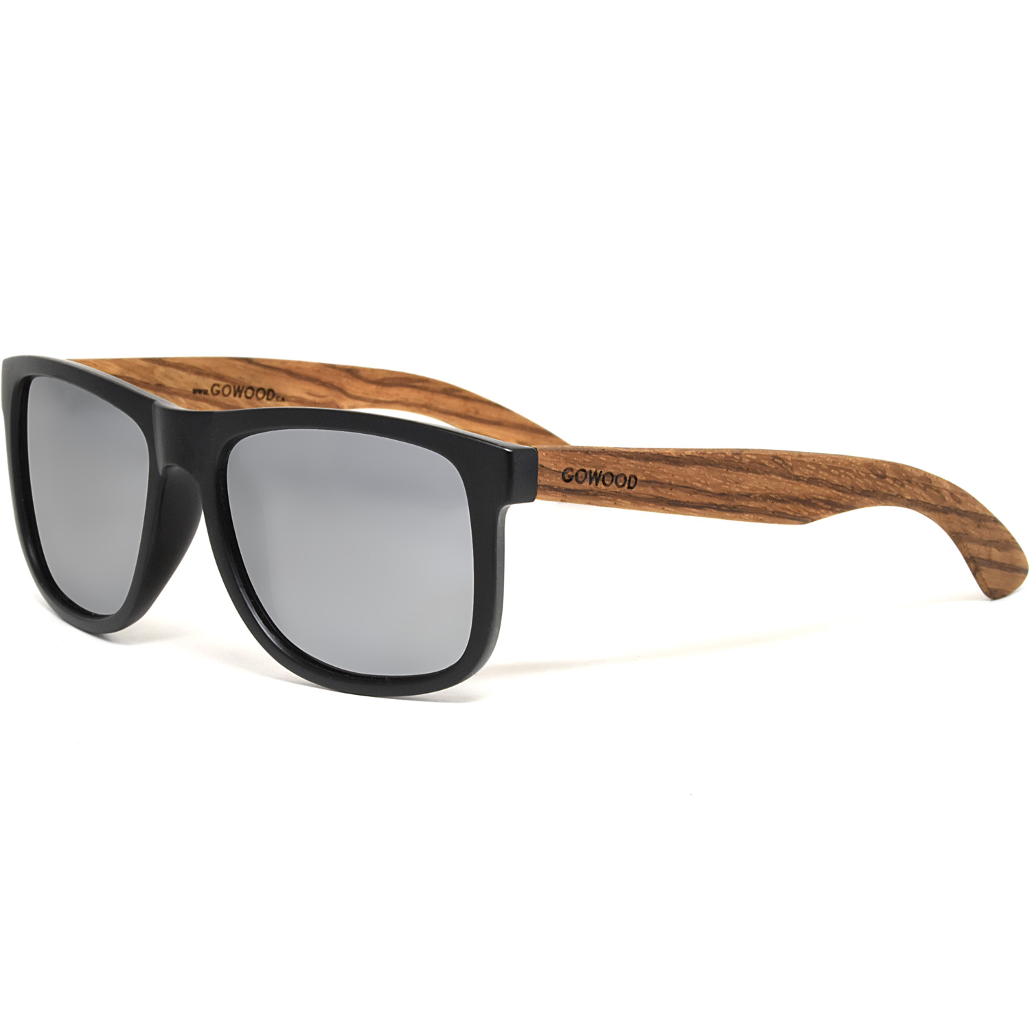 Square zebra wood sunglasses silver mirrored polarized lenses left