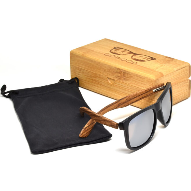 Square zebra wood sunglasses silver mirrored polarized lenses set