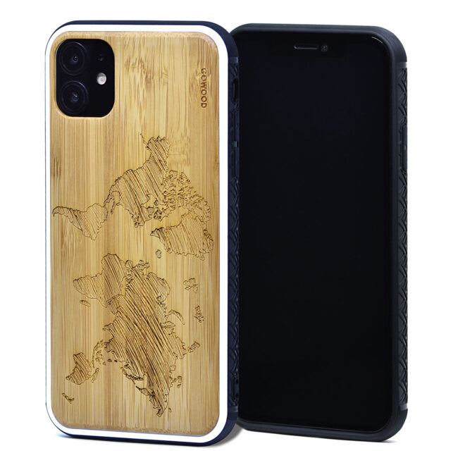 iPhone 11 wood cases bamboo world map front