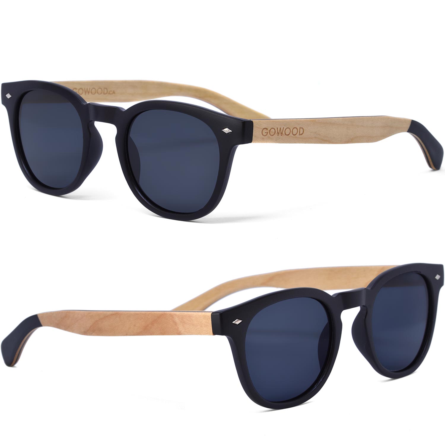 Round maple wood sunglasses black polarized lenses sides