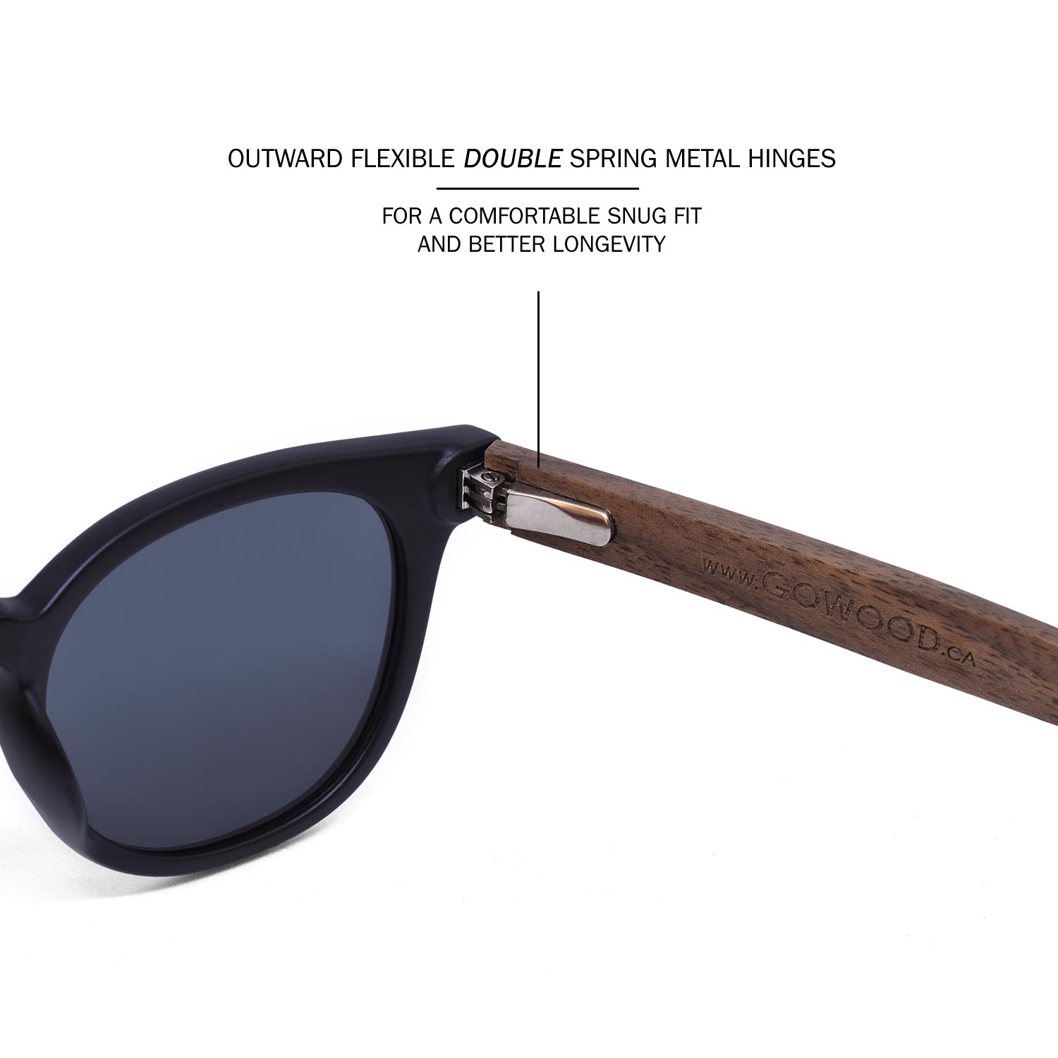 Round walnut wood sunglasses black polarized lenses hinge