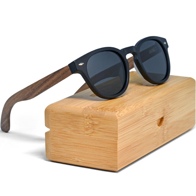 round walnut wood sunglasses black lenses