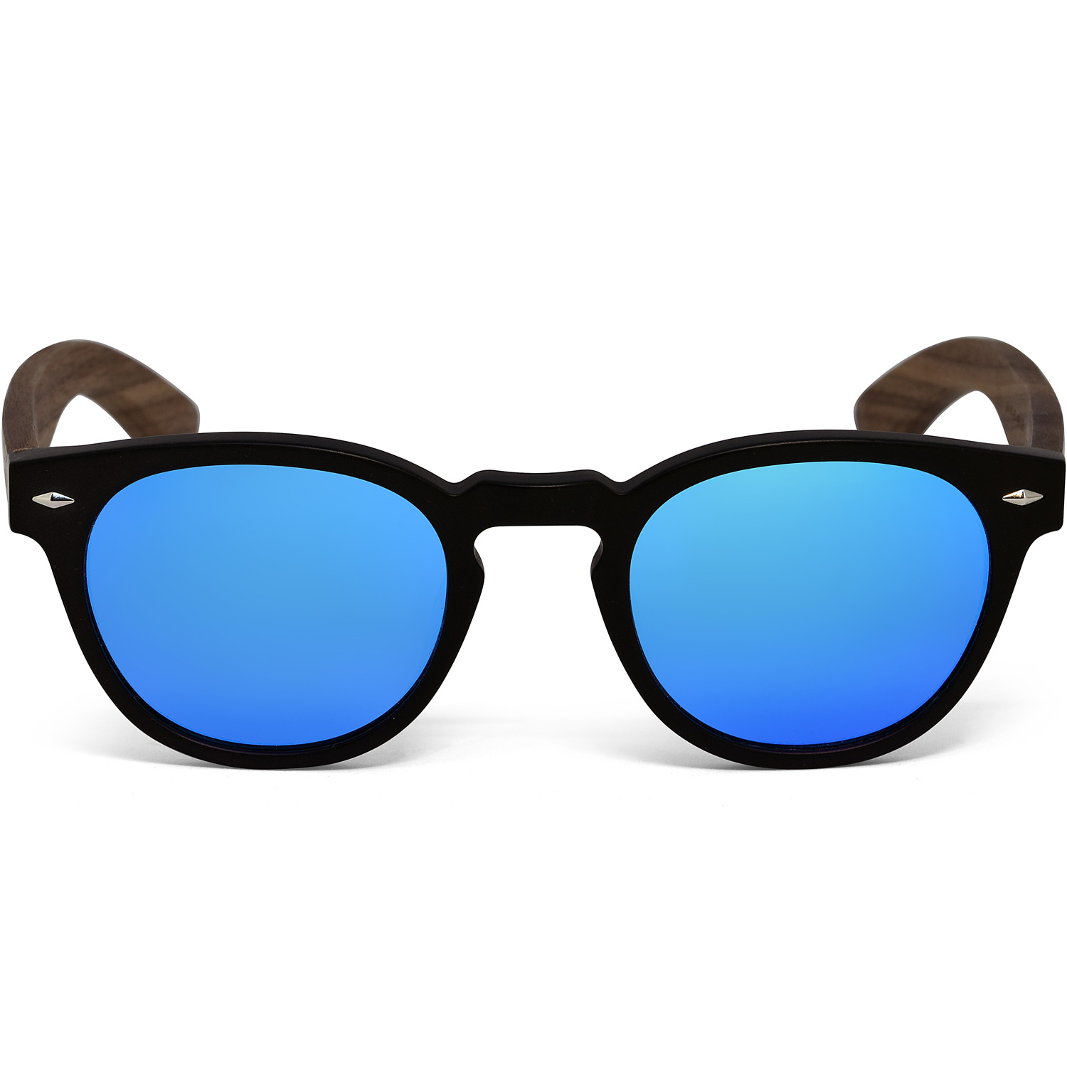 round walnut wood sunglasses blue mirrored lenses front