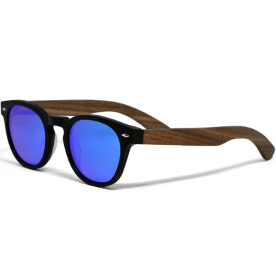 round walnut wood sunglasses blue mirrored lenses left