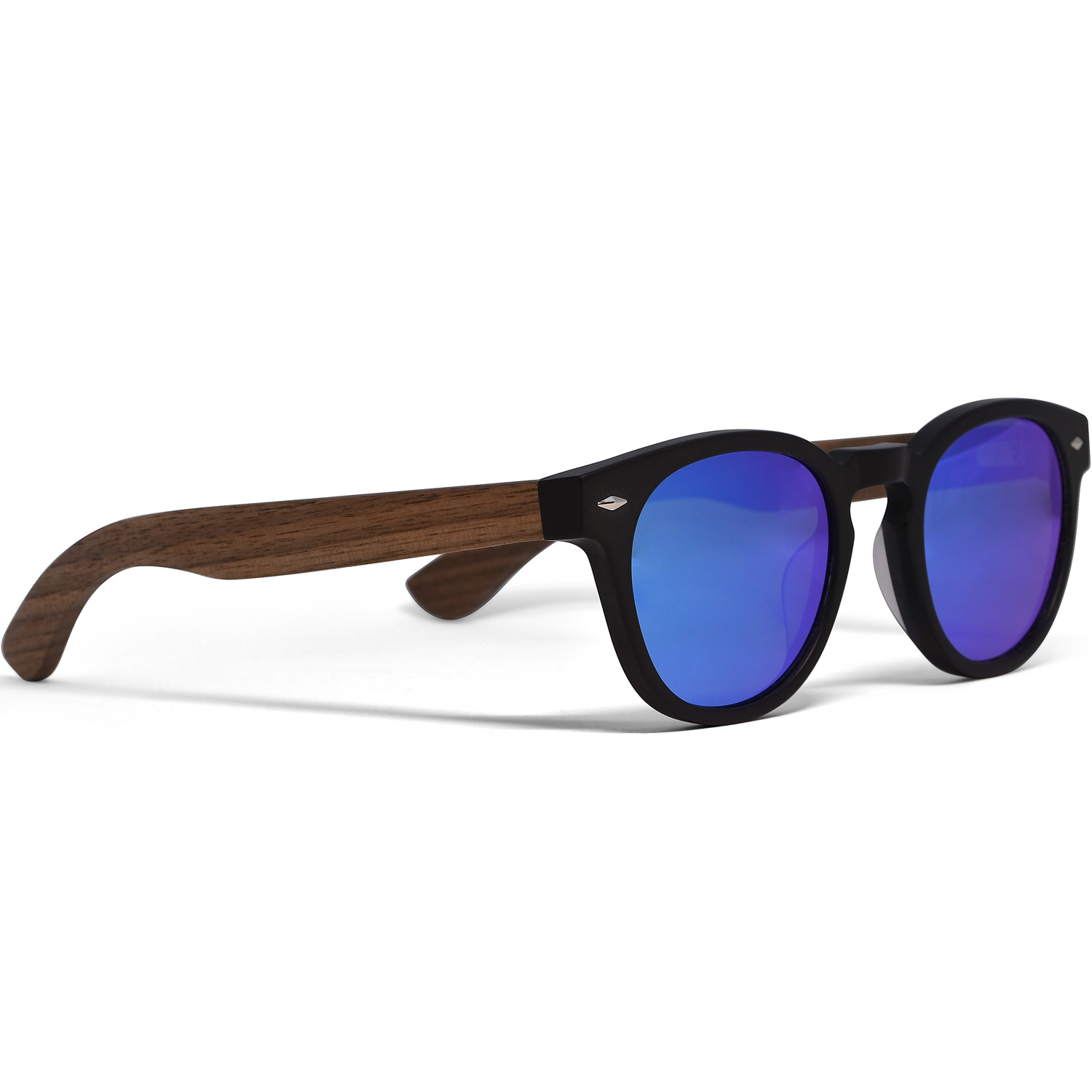 round walnut wood sunglasses blue mirrored lenses right