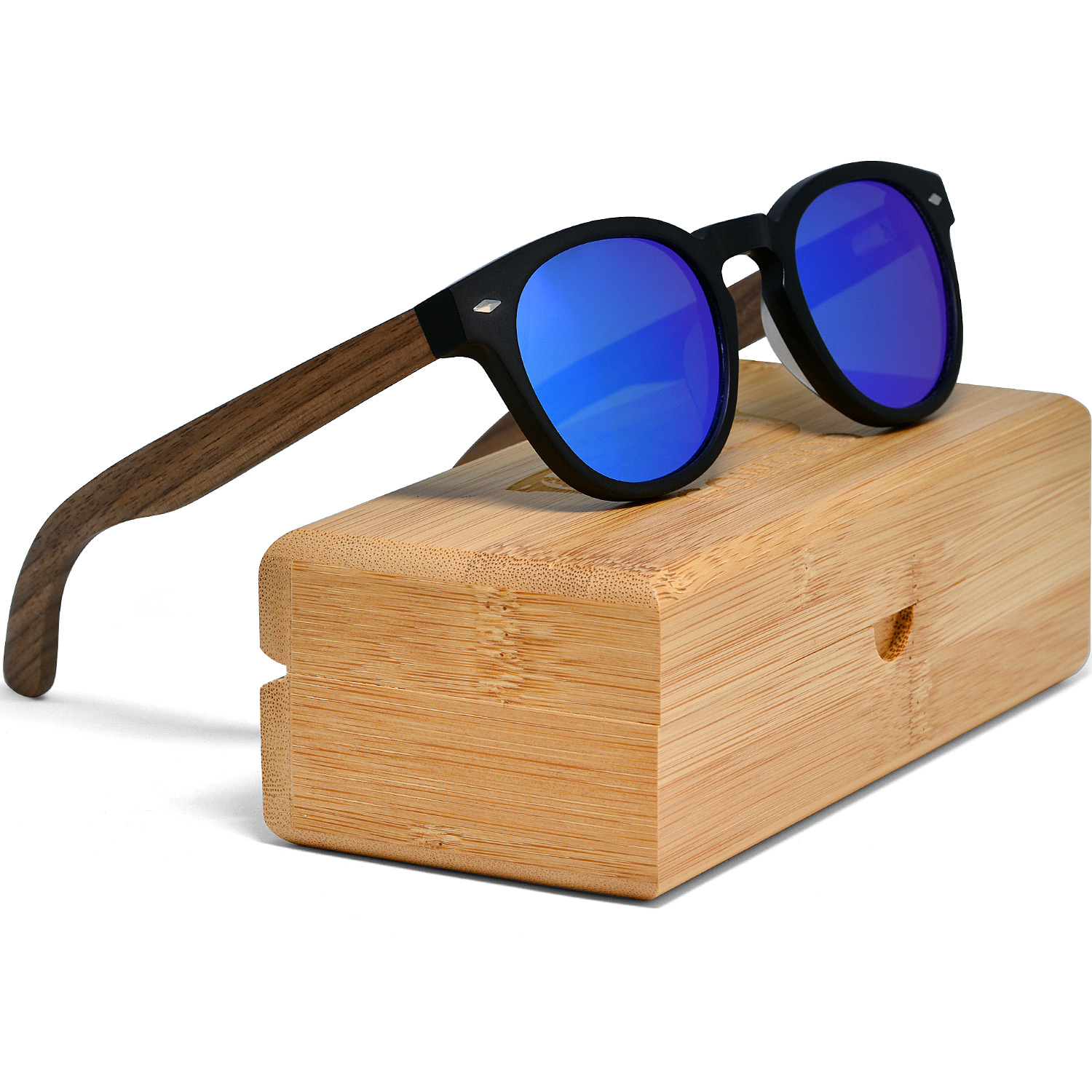 round walnut wood sunglasses blue mirrored lenses set bamboo box