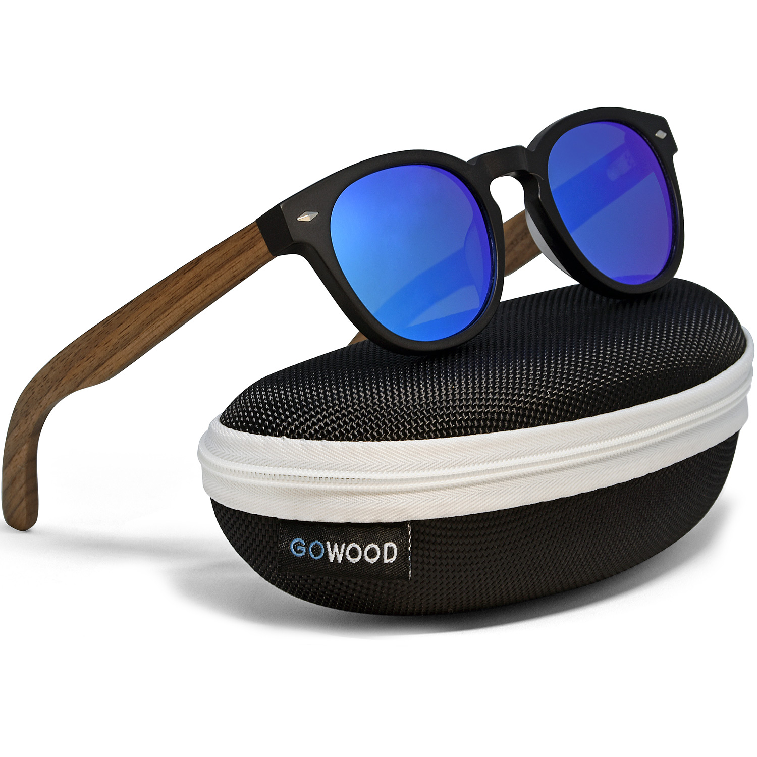 round walnut wood sunglasses blue mirrored lenses set zipper case