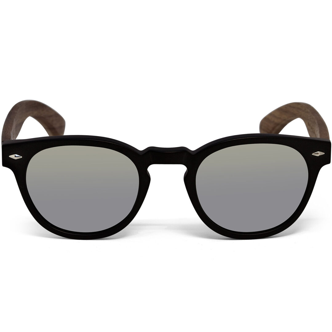 round walnut wood sunglasses silver mirrored lenses front