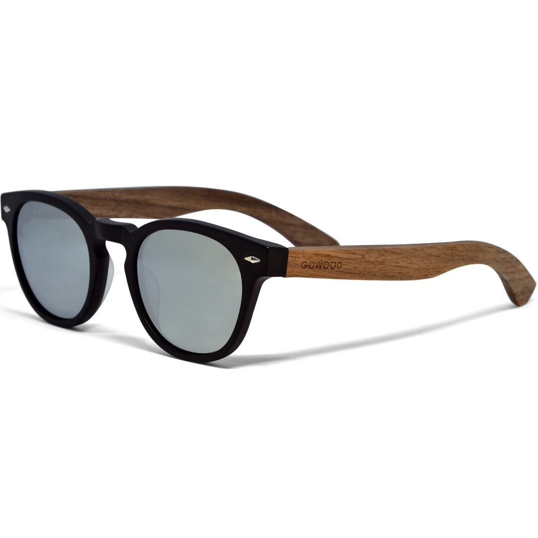 round walnut wood sunglasses silver mirrored lenses left