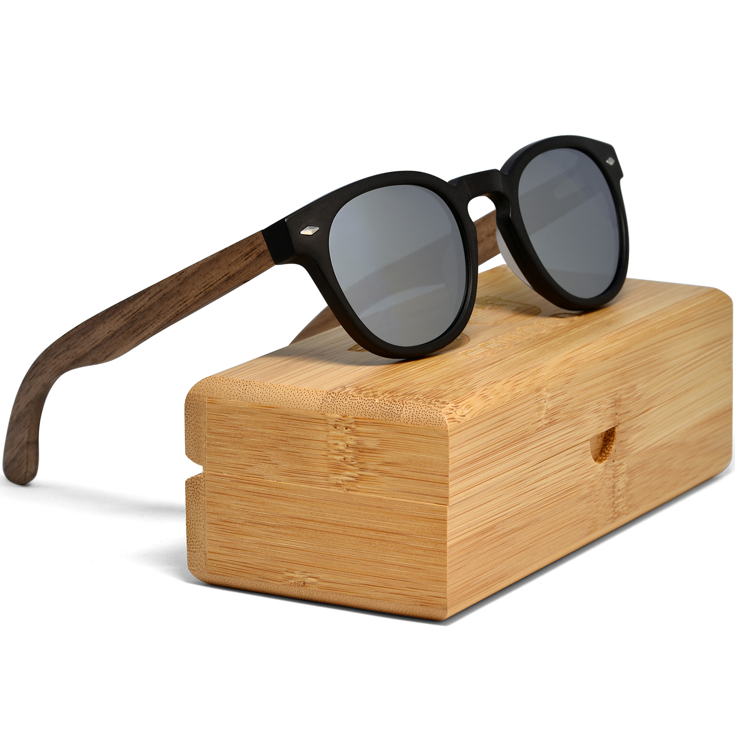 round walnut wood sunglasses silver mirrored lenses bamboo box