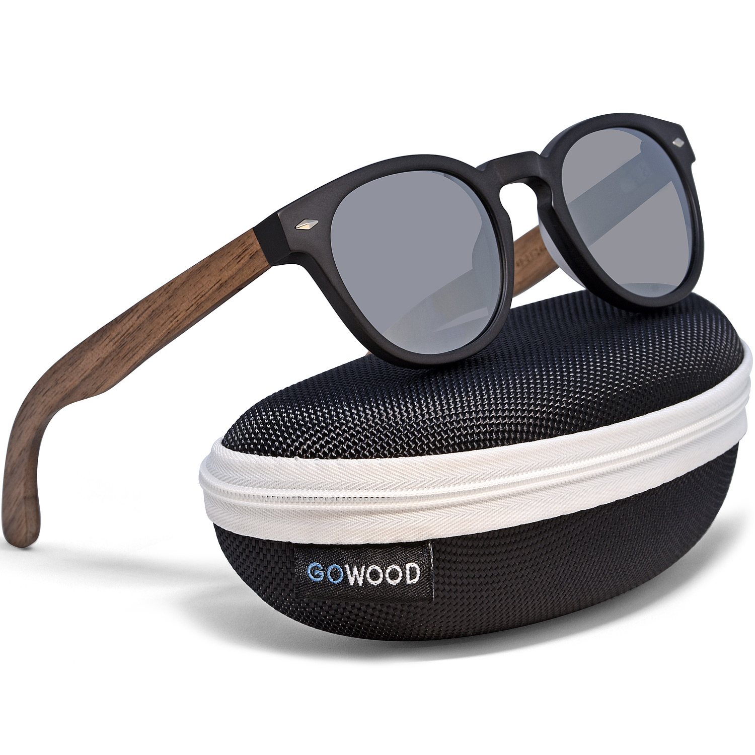 round walnut wood sunglasses silver mirrored lenses set zipper case