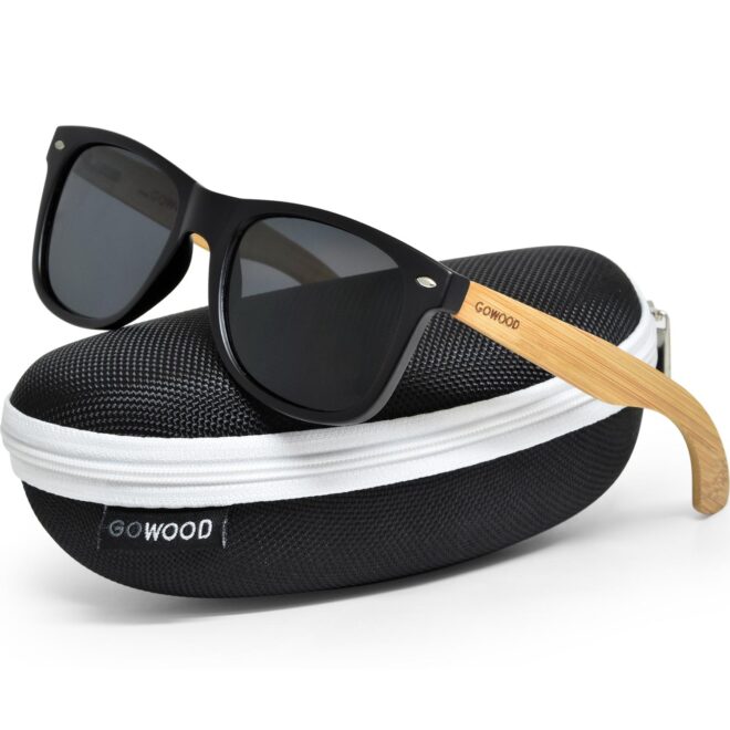 Bamboo wayfarer sunglasses black lenses on zipper case