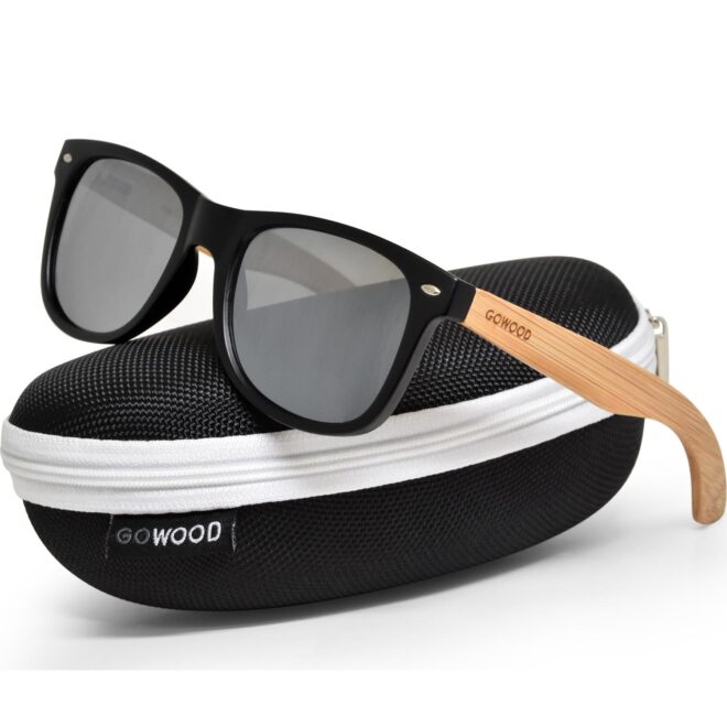 Bamboo wayfarer sunglasses silver lenses on zipper case