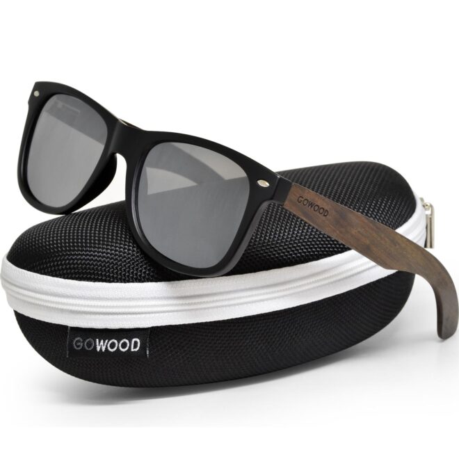 Ebony wood wayfarer sunglasses silver lenses on zipper case