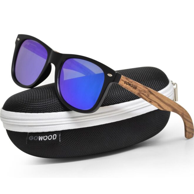 Zebra wayfarer sunglasses blue lenses on zipper case