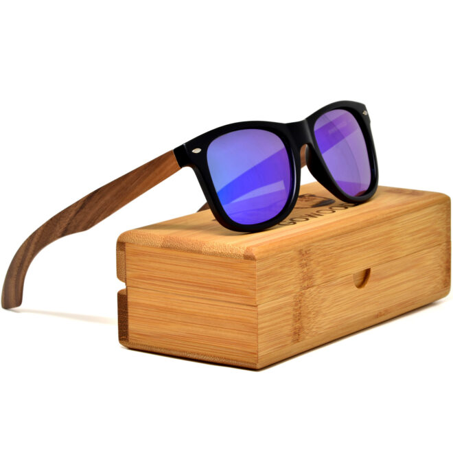 Walnut wood wayfarer sunglasses blue lenses
