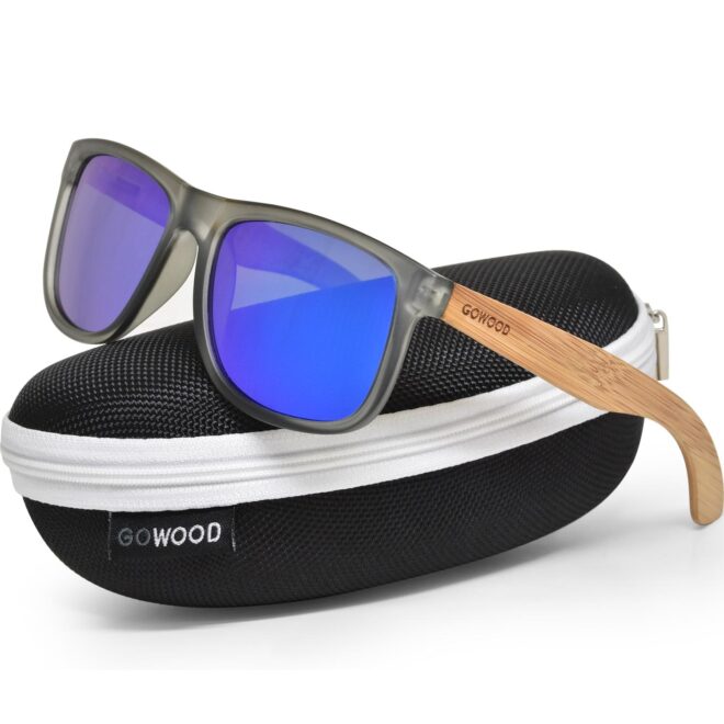 Square bamboo wood sunglasses blue lenses on zipper case