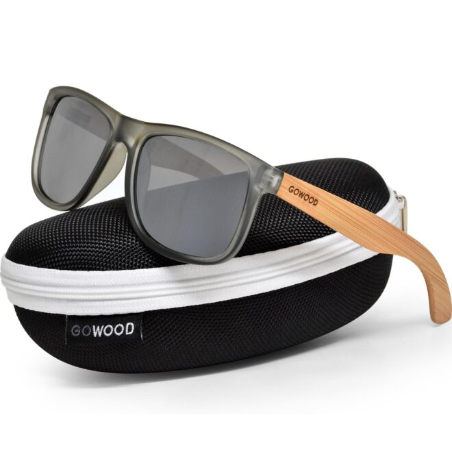 Square bamboo wood sunglasses silver lenses on zipper case