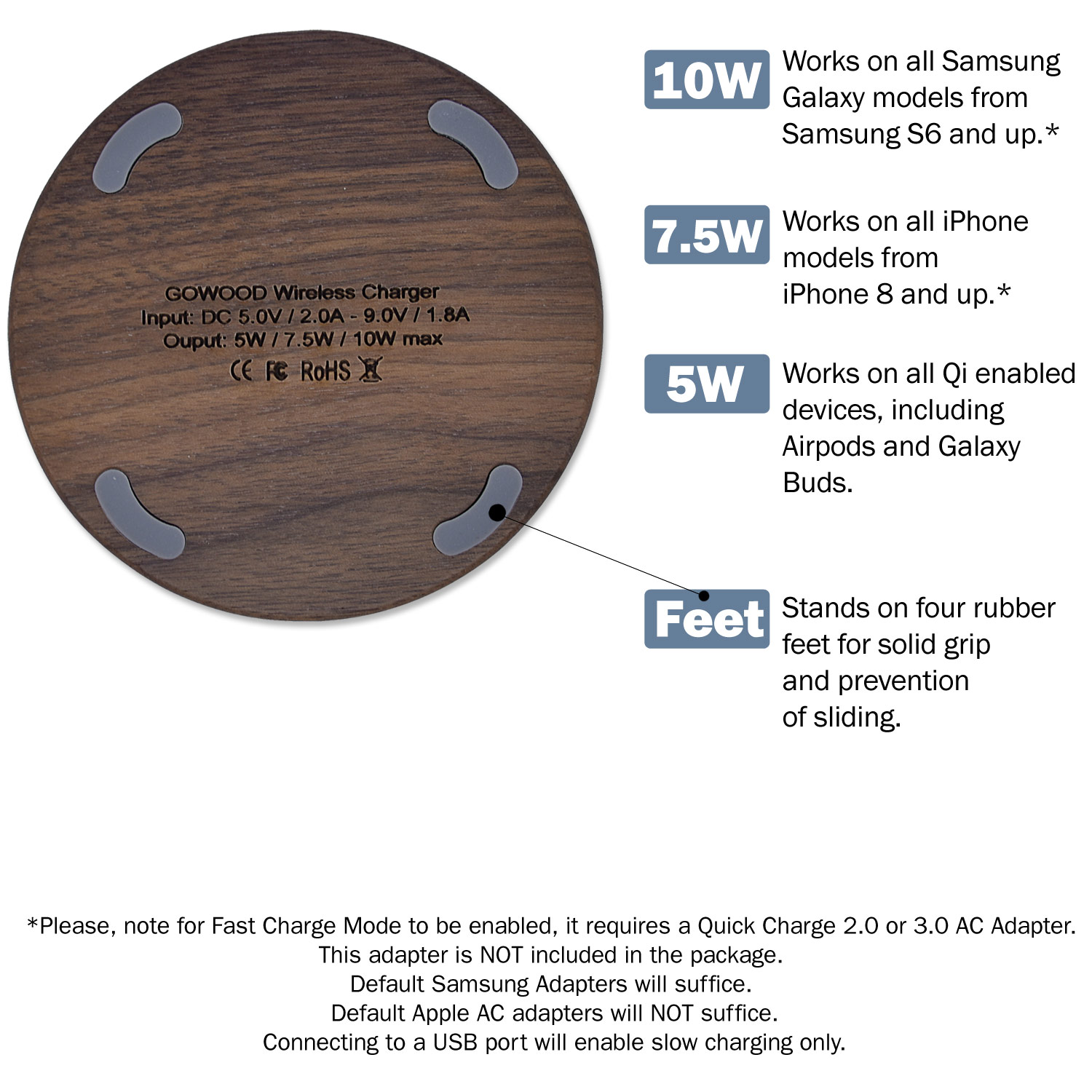 Fast charge walnut wood wireless charger specs