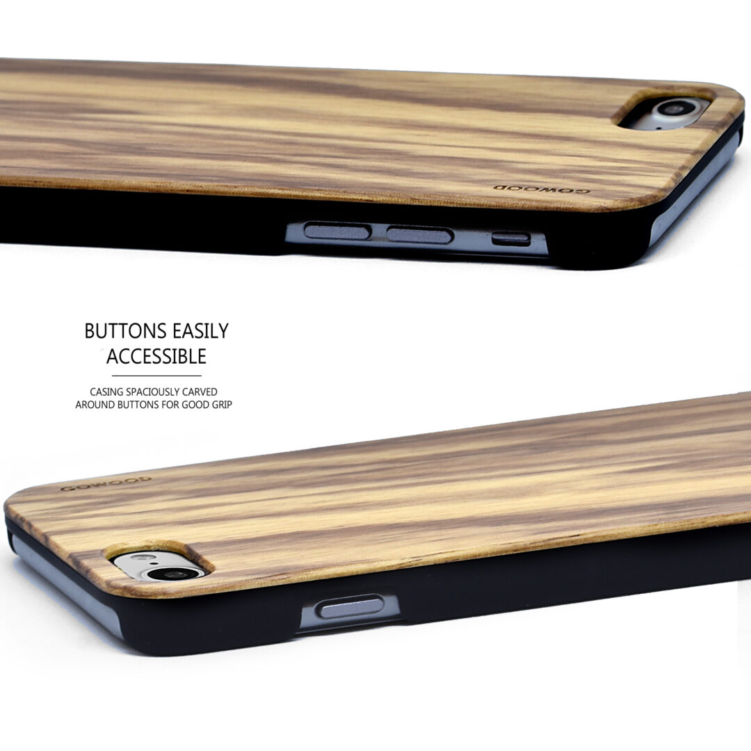 iPhone 7 8 and SE zebra wood case - buttons view