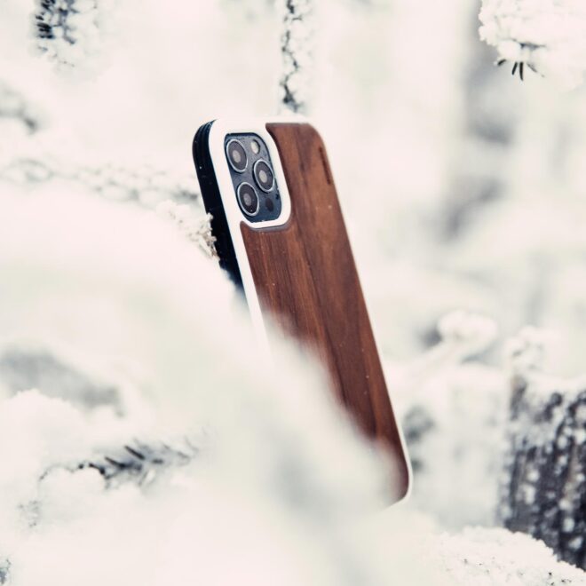 iPhone 12 walnut wood case with white accent