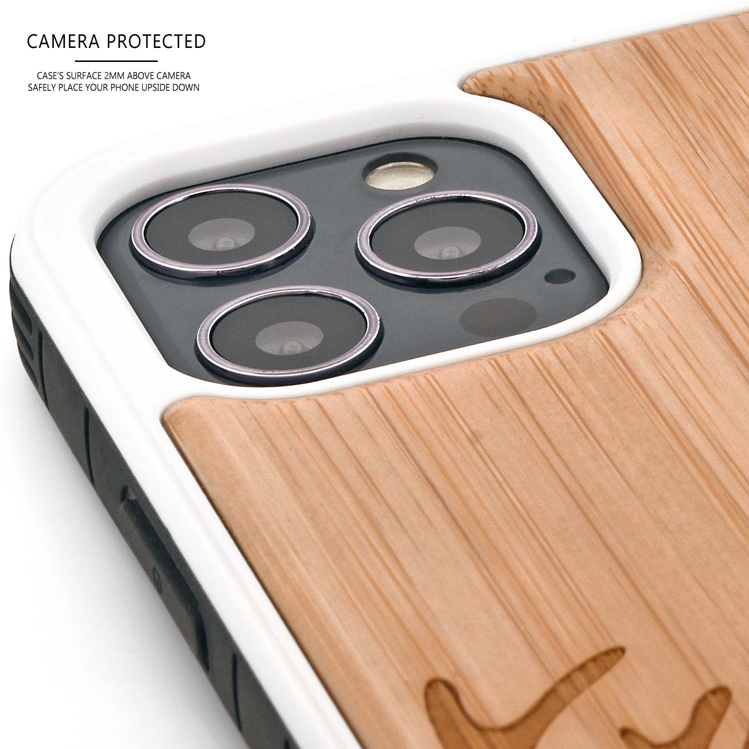 Bamboo wood phone case for iPhone 12 with deer print - camera