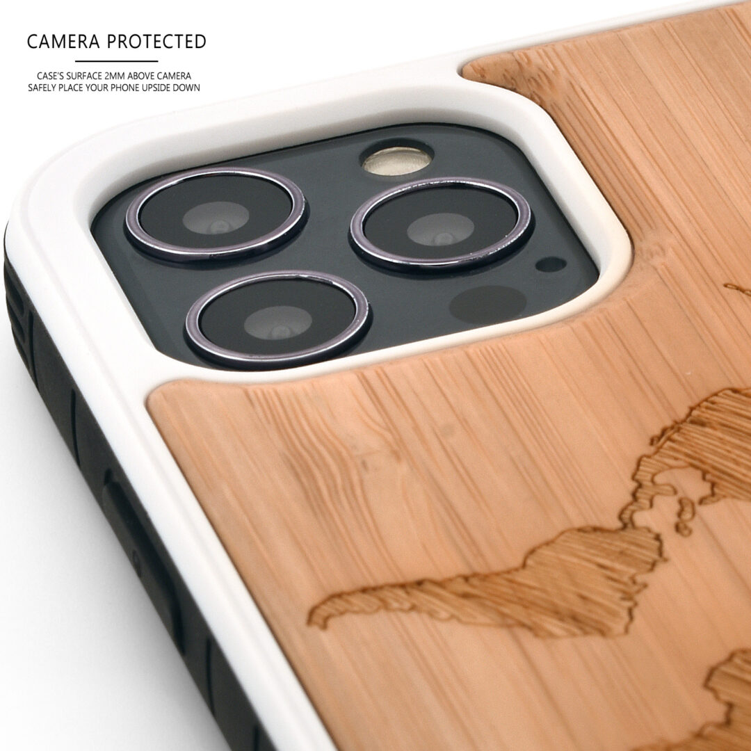 Bamboo wood phone case for iPhone 12 with world map print - camera
