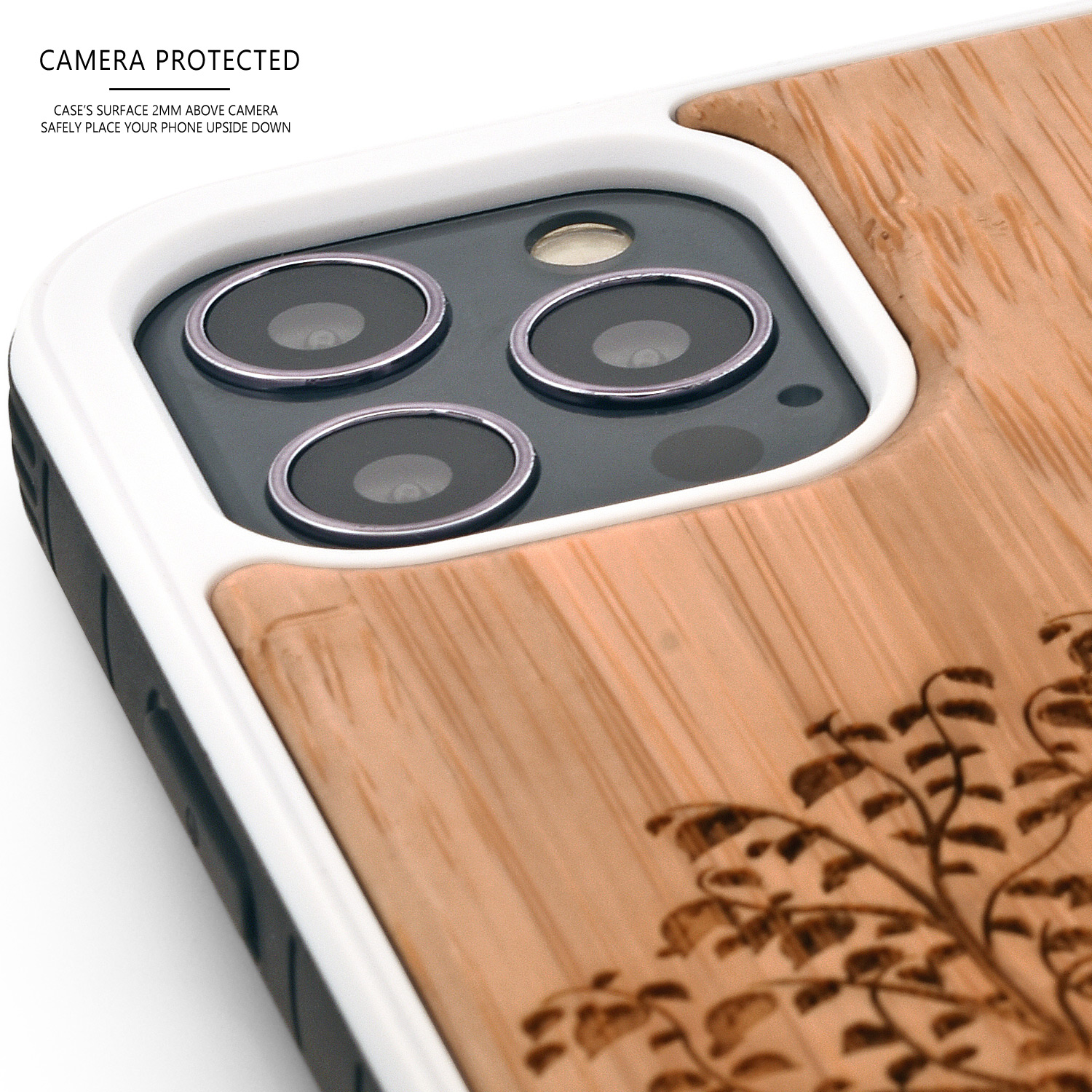 Bamboo wood phone case for iPhone 12 with tree print - camera