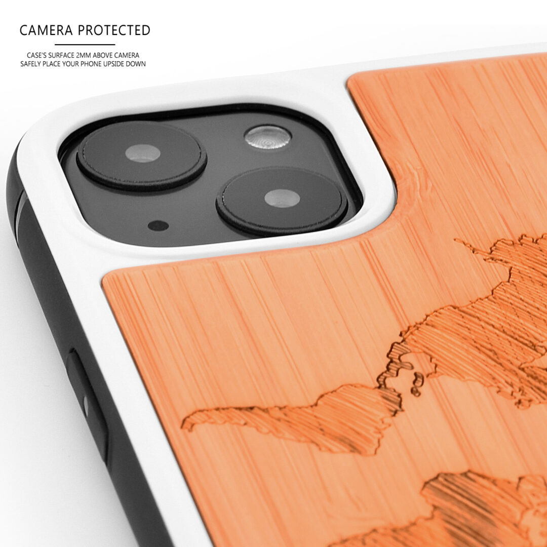 Bamboo wood phone cases for iPhone 13 with world map print - camera