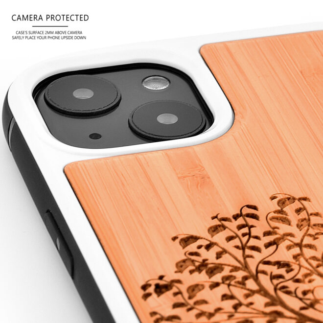 Bamboo wood phone cases for iPhone 13 with tree print - camera