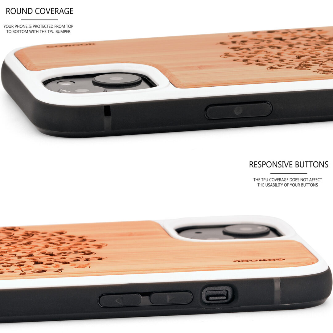 Bamboo wood phone cases for iPhone 13 with tree print - sides