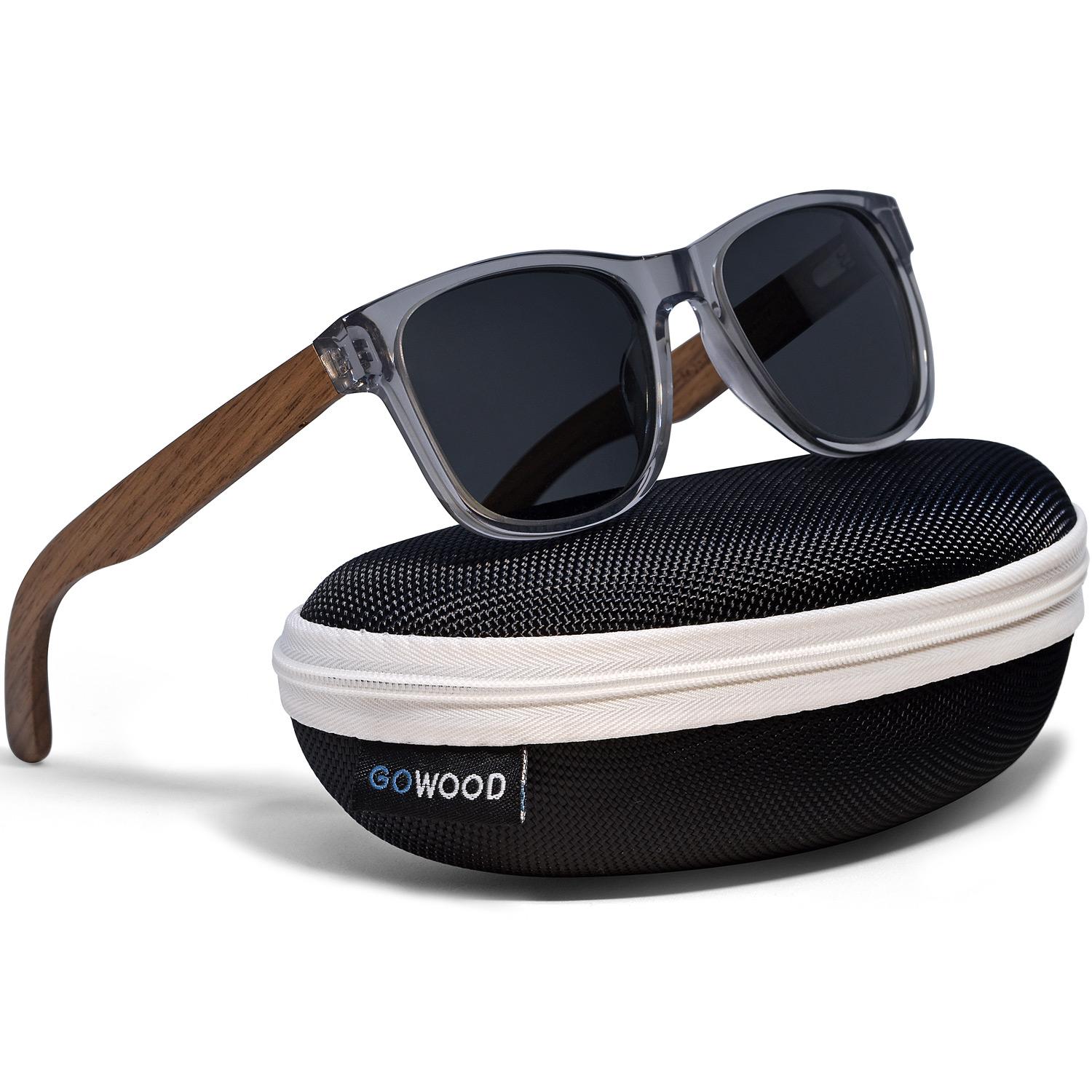 Walnut wood sunglasses classic style transparent frame zipper case