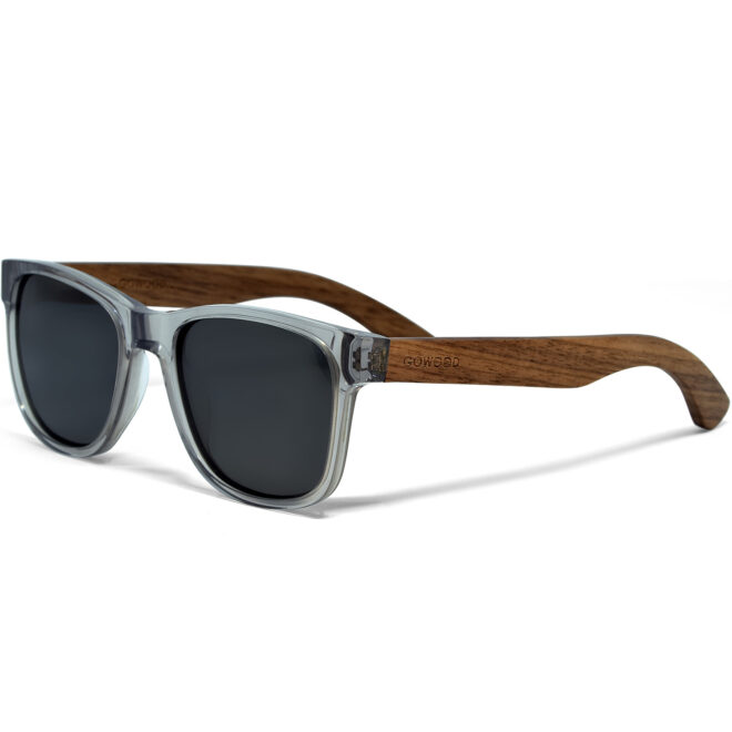 Walnut wood sunglasses classic style transparent frame left